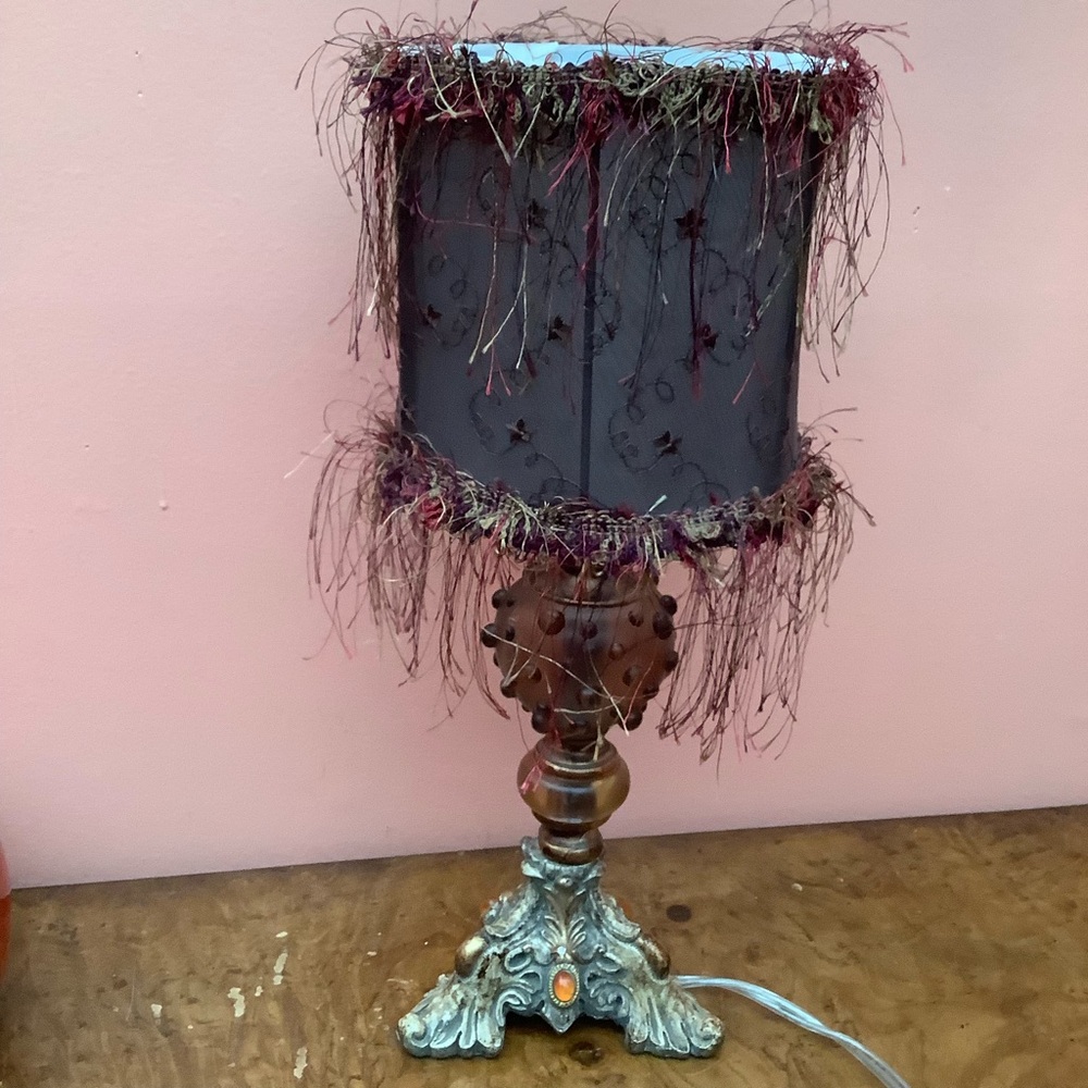15’ X 6”  Small Table Lamp Purple Hues Fringe Shade With Rhinestone Base